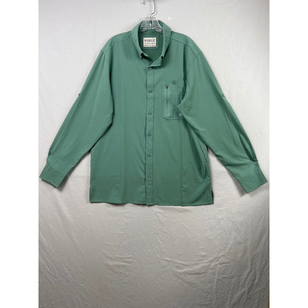 Gillz Fishing Shirt Men Large Green Vented Roll Tab Long Sleeve Performance